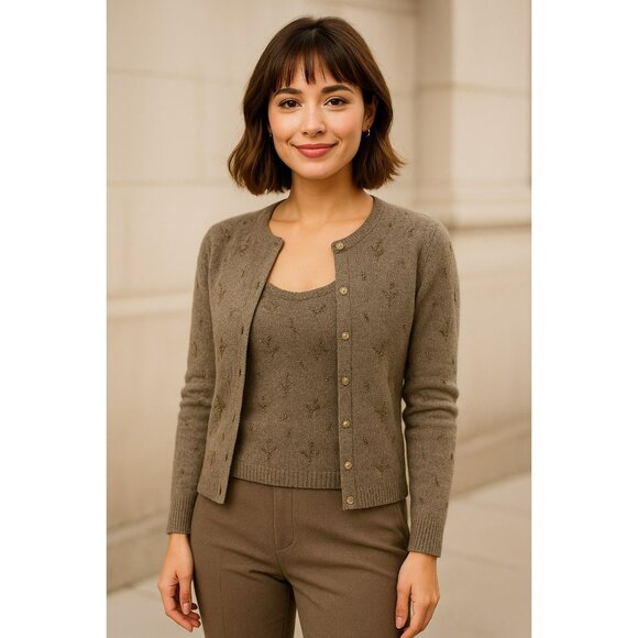 Classiques Entier Sweater Set Lambswool Knit Tank Top & Cardigan Womens XS Tan - Picture 1 of 16